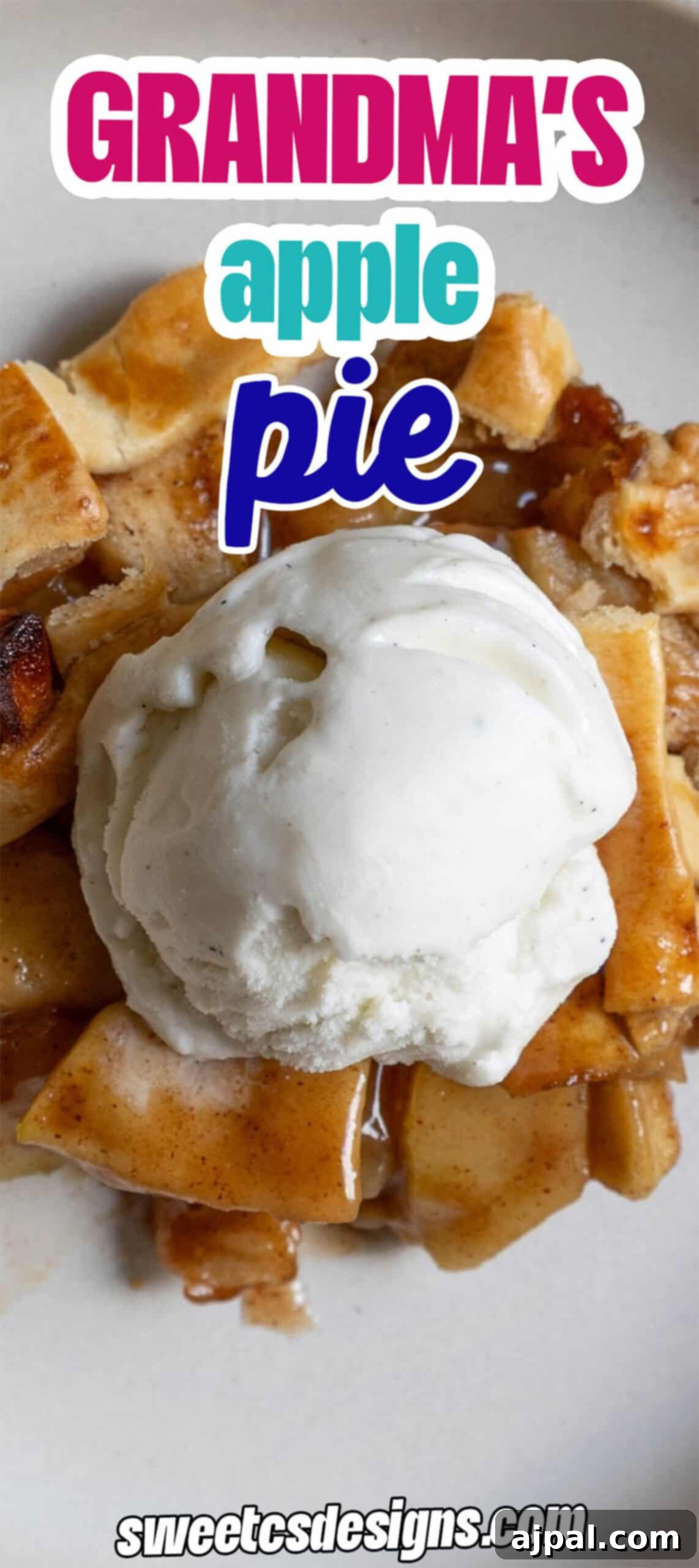 Heirloom Apple Pie 13 A slice of apple pie topped with vanilla ice cream sits on a plate, with
