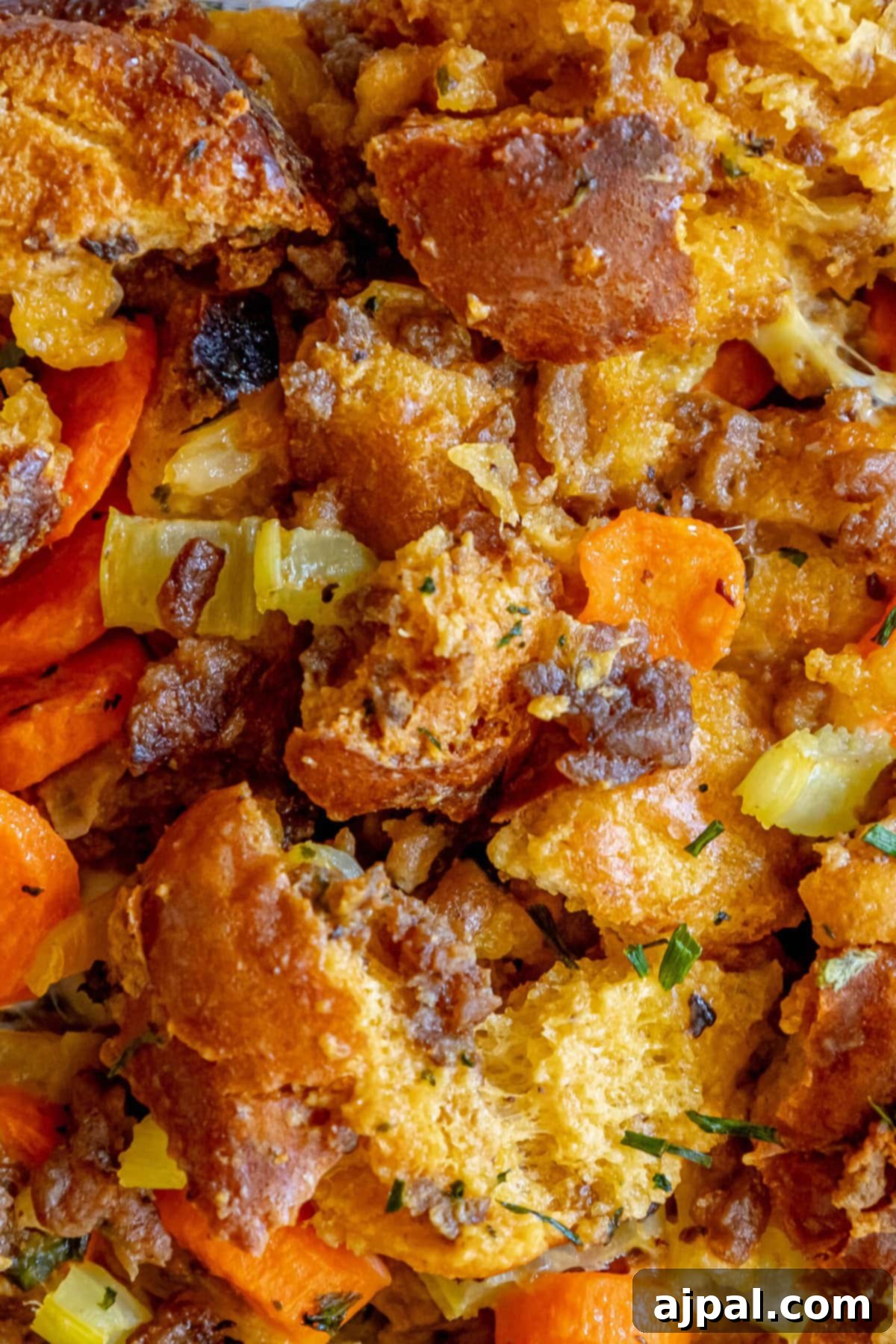 Golden Harvest Stuffing 4 A golden-baked dish of savory stuffing with carrots and onions.