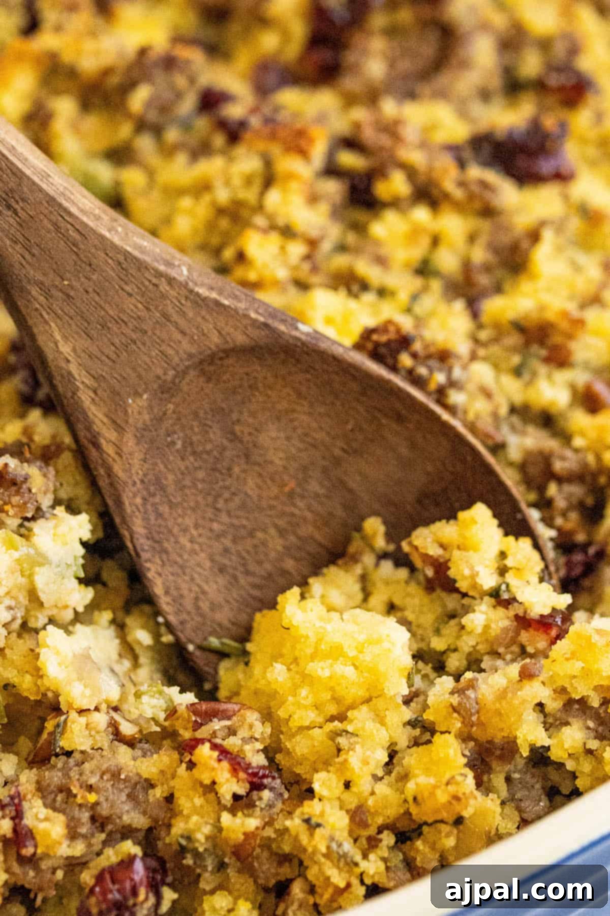 Golden Harvest Stuffing 5 Sausage cornbread stuffing in a blue baking dish, ready to be served.
