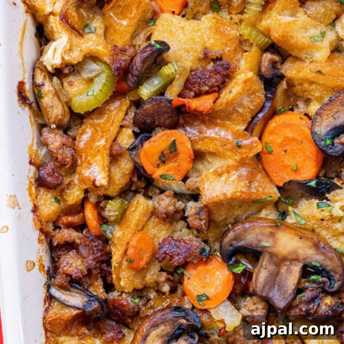 Golden Harvest Stuffing 6 A picture of classic sausage and mushroom stuffing in a baking dish.