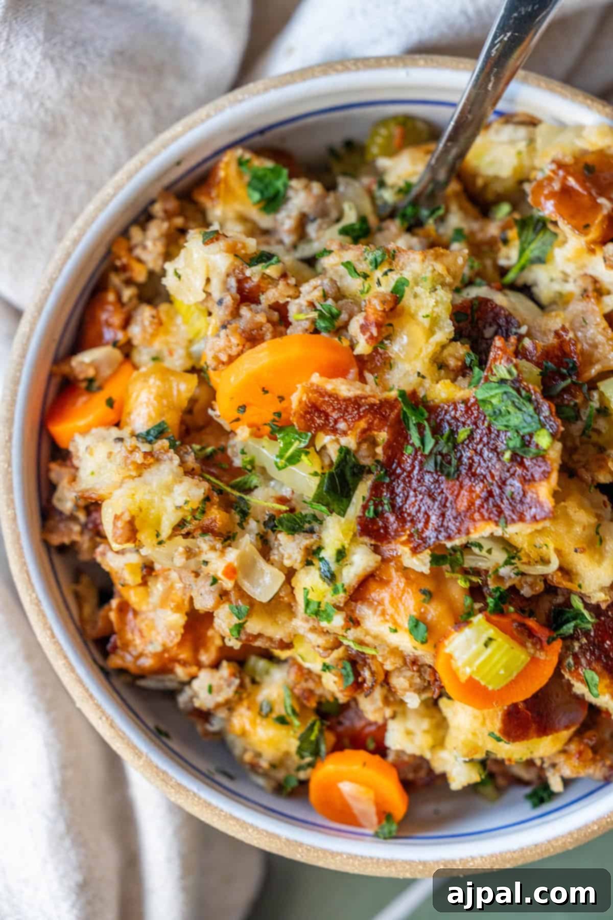Golden Harvest Stuffing 7 A bowl of pretzel sausage stuffing with chunks of bread, sliced carrots, celery, herbs, and browned crispy edges, served with a spoon.