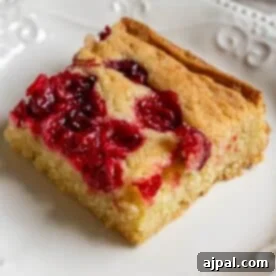 A square piece of golden cranberry cake, topped with baked cranberries on a white plate with decorative edges, highlighting its inviting texture.