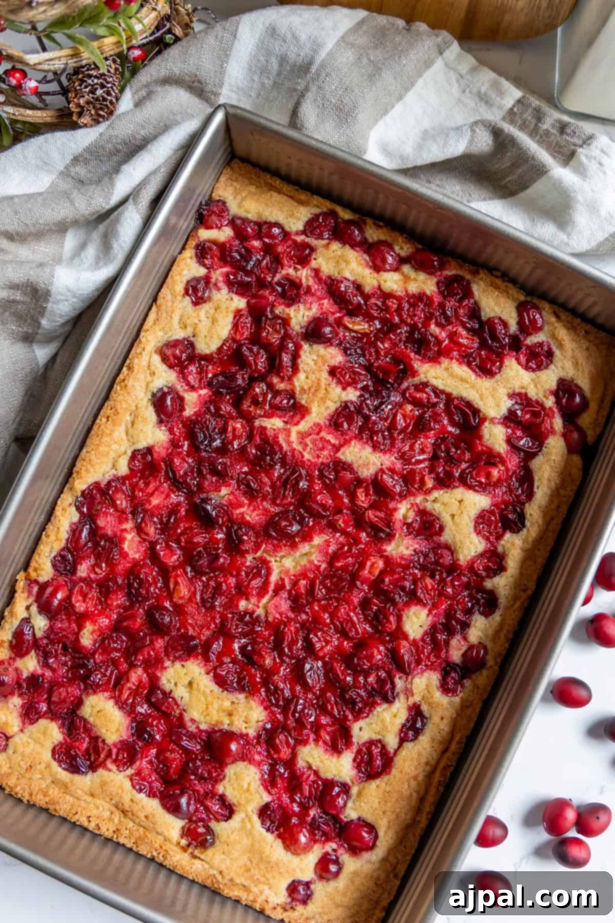 A rectangular baking pan filled with golden-brown cranberry bars, garnished with scattered fresh cranberries for an inviting presentation.