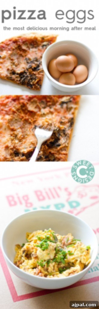 Another enticing view of a bowl of pizza eggs, showcasing the hearty mix of eggs and pizza bits, topped with fresh green chives, a perfect breakfast to savor.