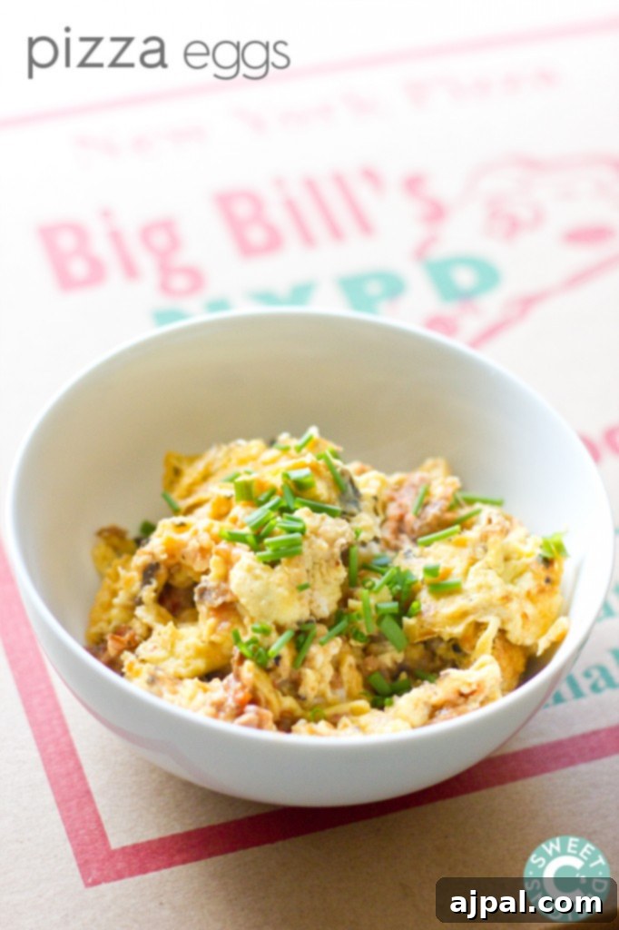 A close-up shot of a rustic bowl brimming with freshly made pizza eggs, garnished with chopped chives, resting on a wooden table beside a vintage food container, highlighting the delicious texture and vibrant colors.