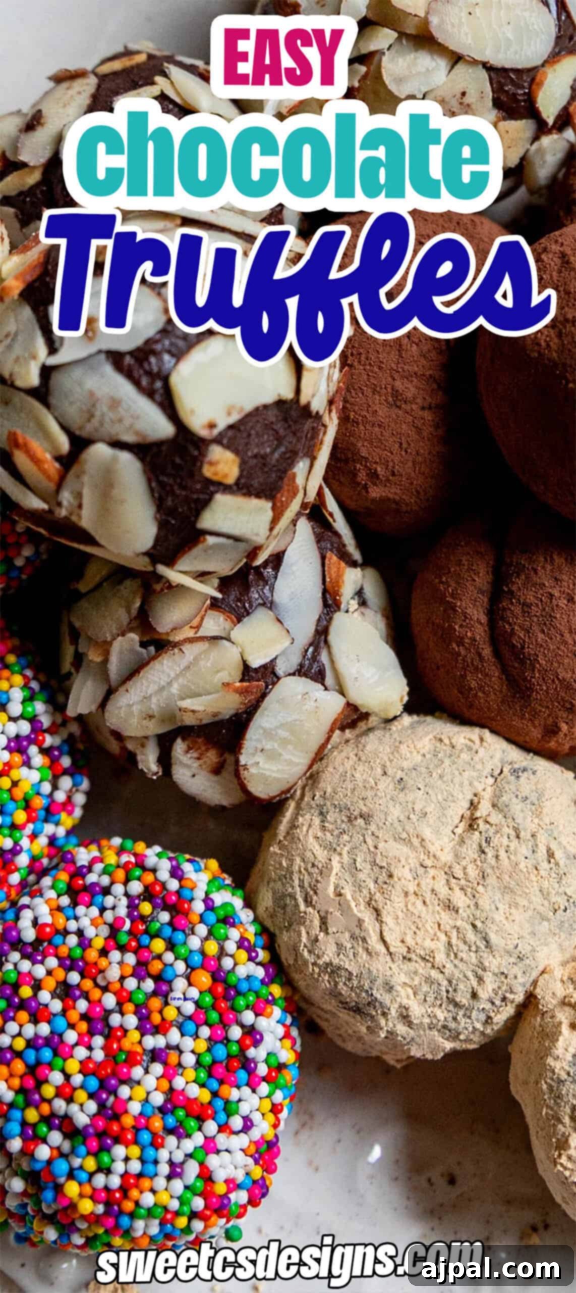 A close-up of assorted chocolate truffles, some coated in sliced almonds, cocoa powder, rainbow sprinkles, and powdered sugar, with text overlay reading "Easy chocolate truffles recipe.