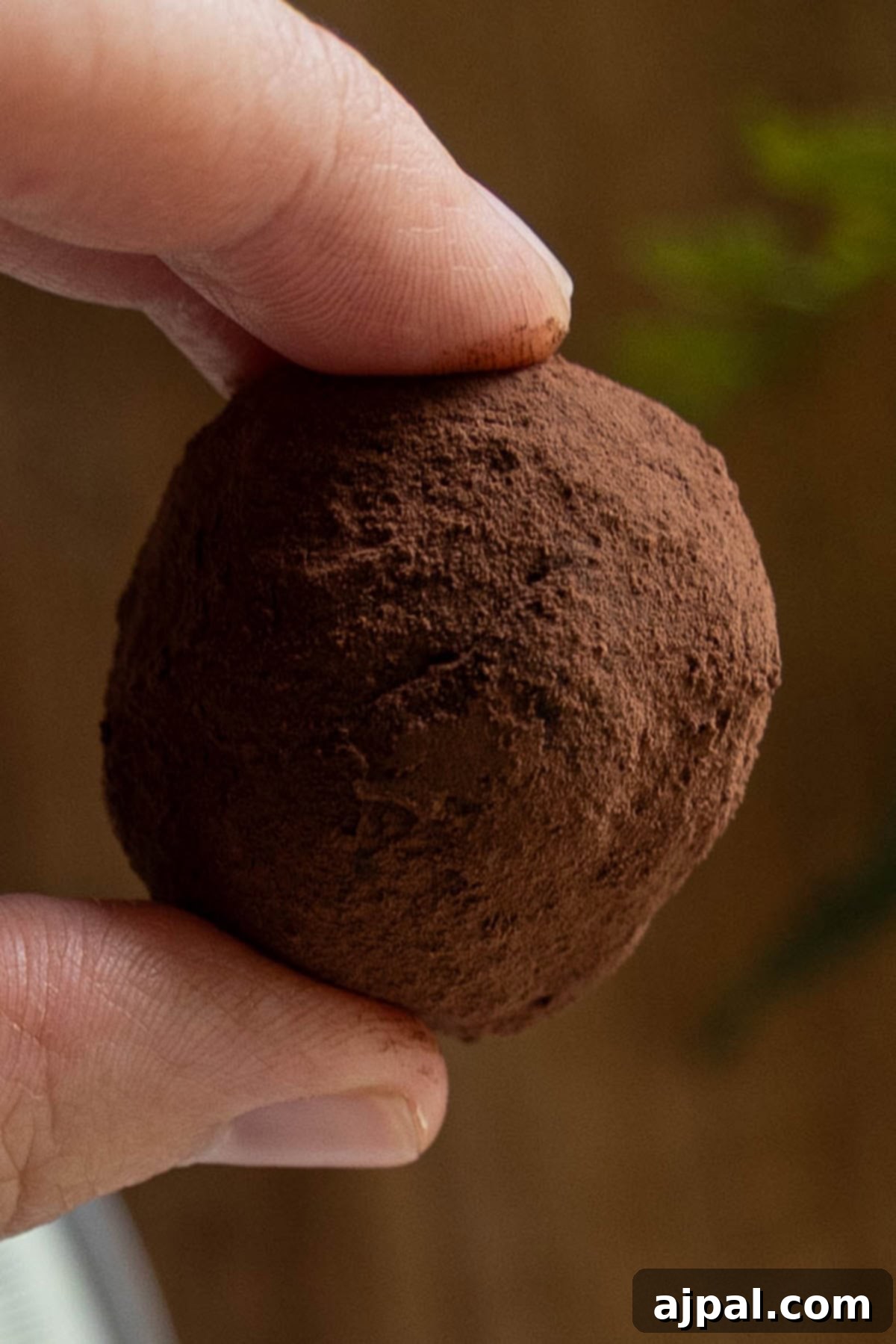 A hand holding a round chocolate truffle, one of many delicious chocolate truffles coated in rich cocoa powder.