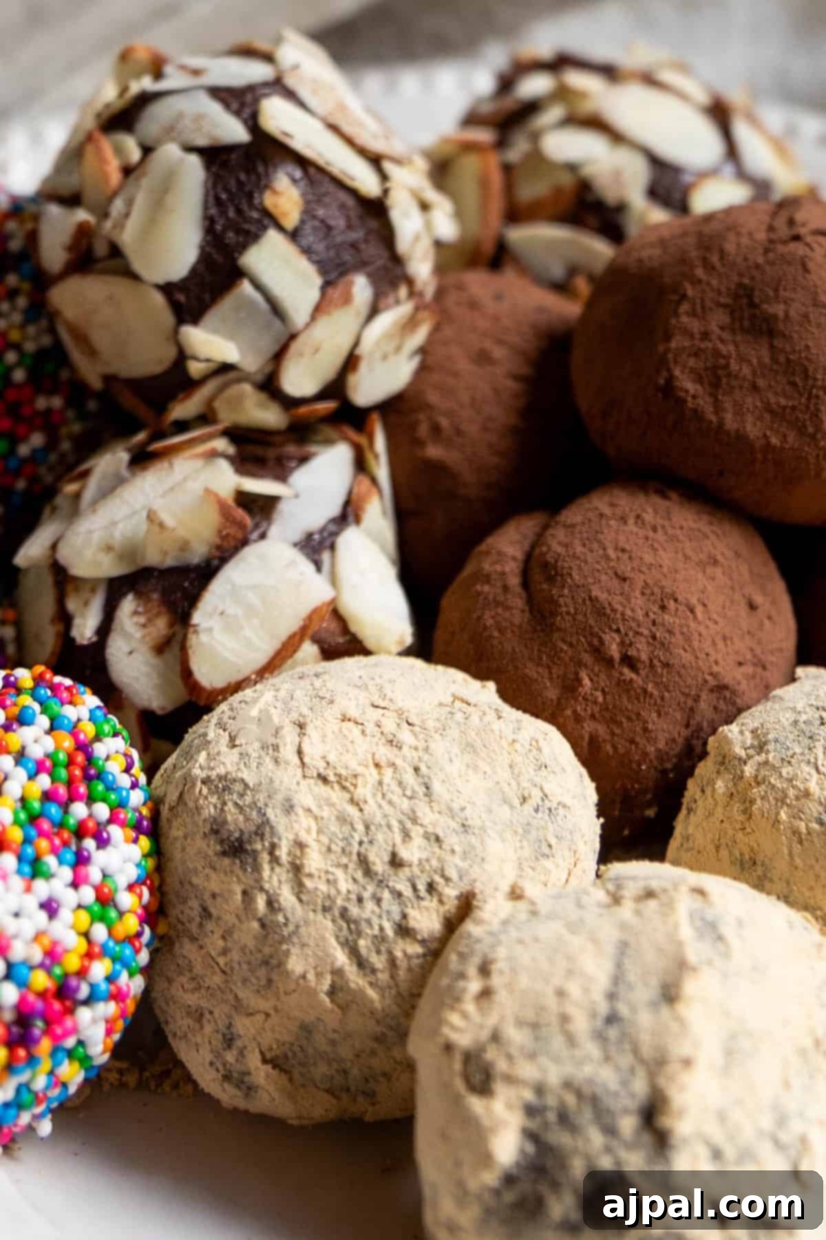 Assorted chocolate truffles are covered in sliced almonds, cocoa powder, powdered sugar, and colorful sprinkles, all beautifully arranged on a plate.