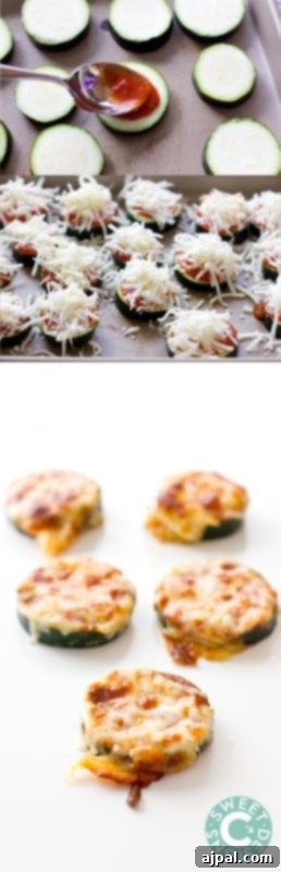 Close-up of baked zucchini pizza bites featuring a golden-brown crust of melted cheese and vibrant marinara on a baking sheet, illustrating a healthy low-carb snack.