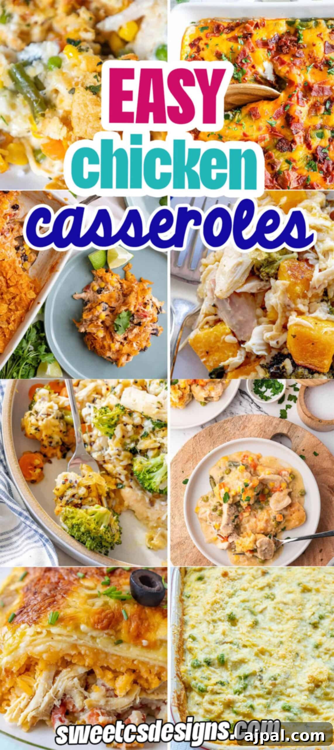 Simple Savory Chicken Bakes 14 A visually appealing collage of diverse and delicious chicken casserole recipes, artfully arranged on plates and in baking dishes. Each dish is uniquely topped with melted cheese, fresh herbs, or colorful vegetables. The collage features the prominent text 'Easy Chicken Casseroles' and 'sweetcsdesigns.com' to highlight the website's offerings.