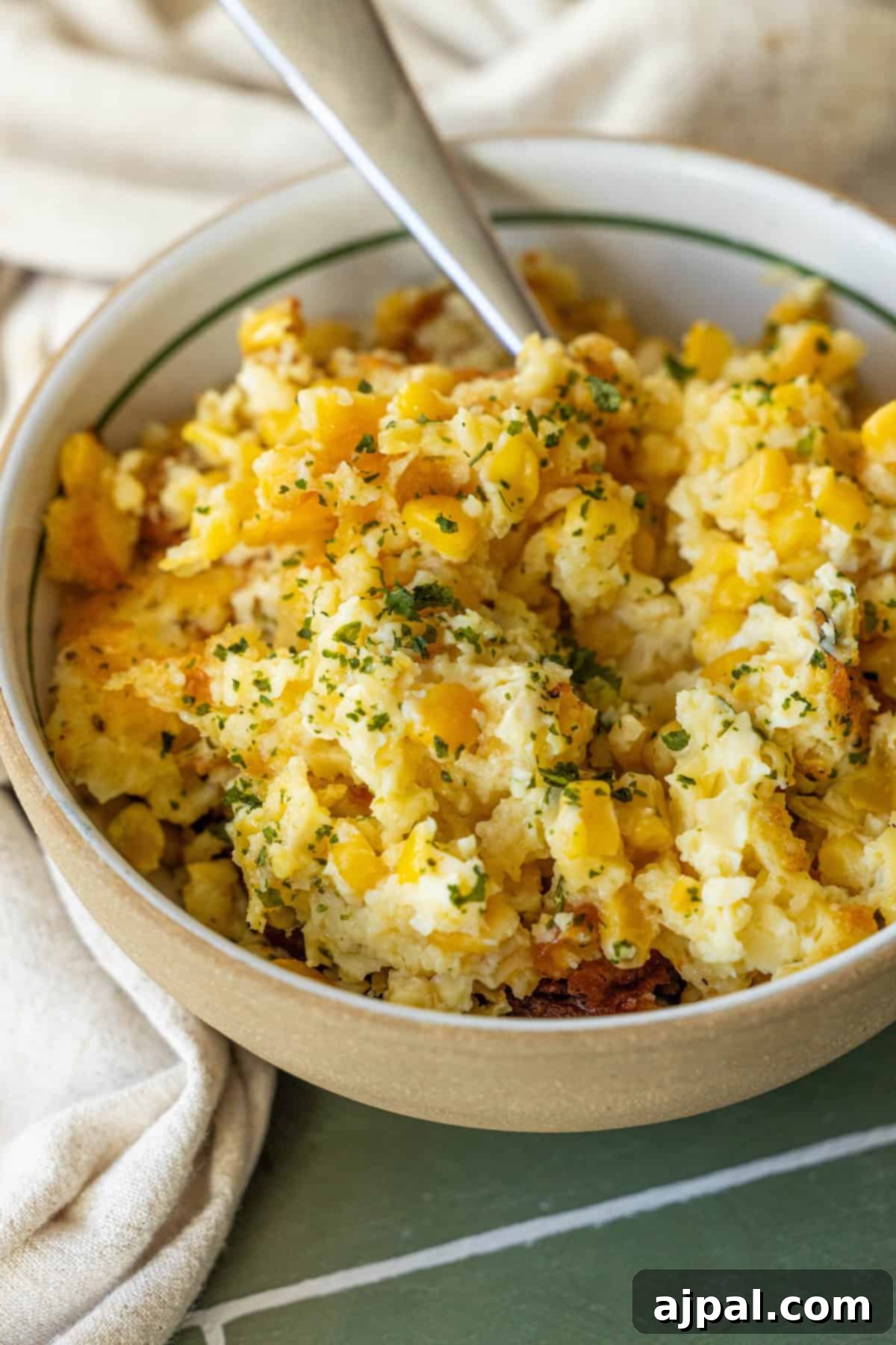 A serving bowl of creamy Easy Corn Pudding casserole garnished with fresh chopped herbs, with a spoon ready to serve. Ideal for holiday gatherings.
