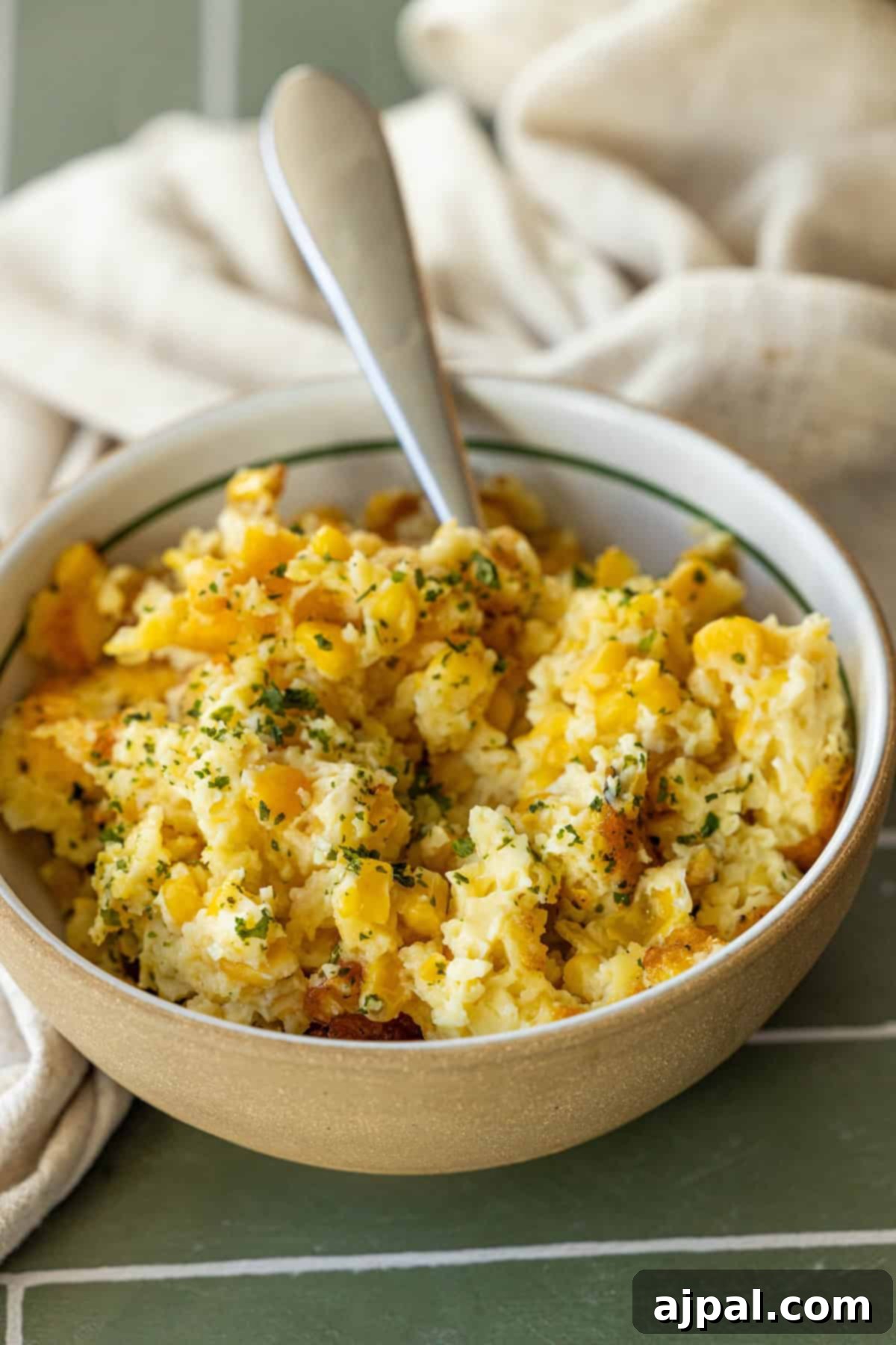 A bowl of freshly baked, golden-brown corn pudding, a perfect creamy and savory accompaniment to any meal.