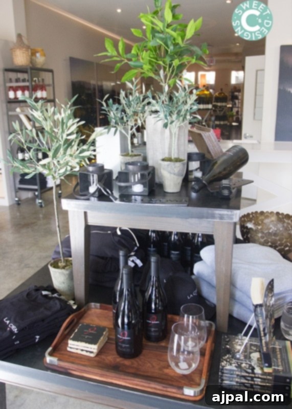 Display of La Crema wine bottles and merchandise in the elegant Healdsburg Tasting Room