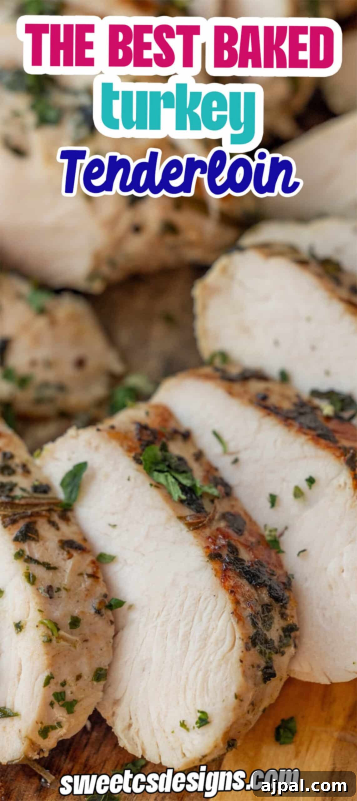 Sliced Baked Turkey Tenderloin garnished with herbs. The Best Baked Turkey Tenderloin—an easy turkey recipe for any occasion.