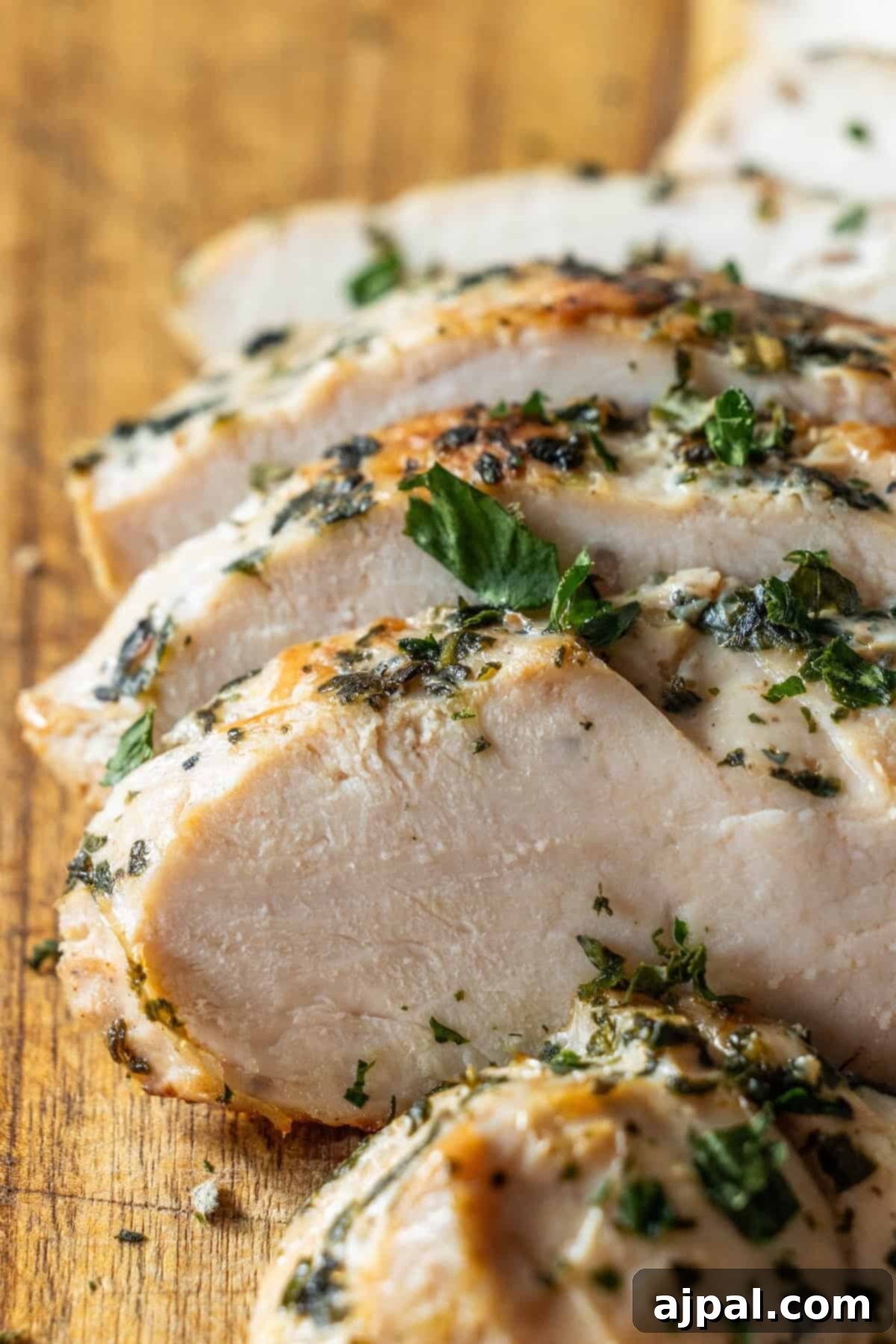 Sliced cooked chicken breast garnished with herbs, great inspiration for your next turkey dish.