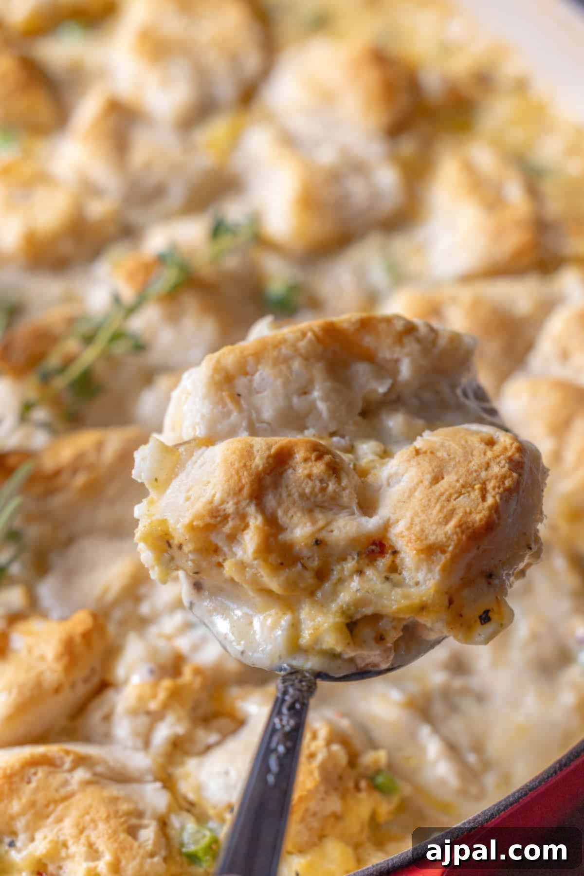 Serving spoon holding a portion of golden biscuit casserole pot pie filled with creamy turkey and vegetables.