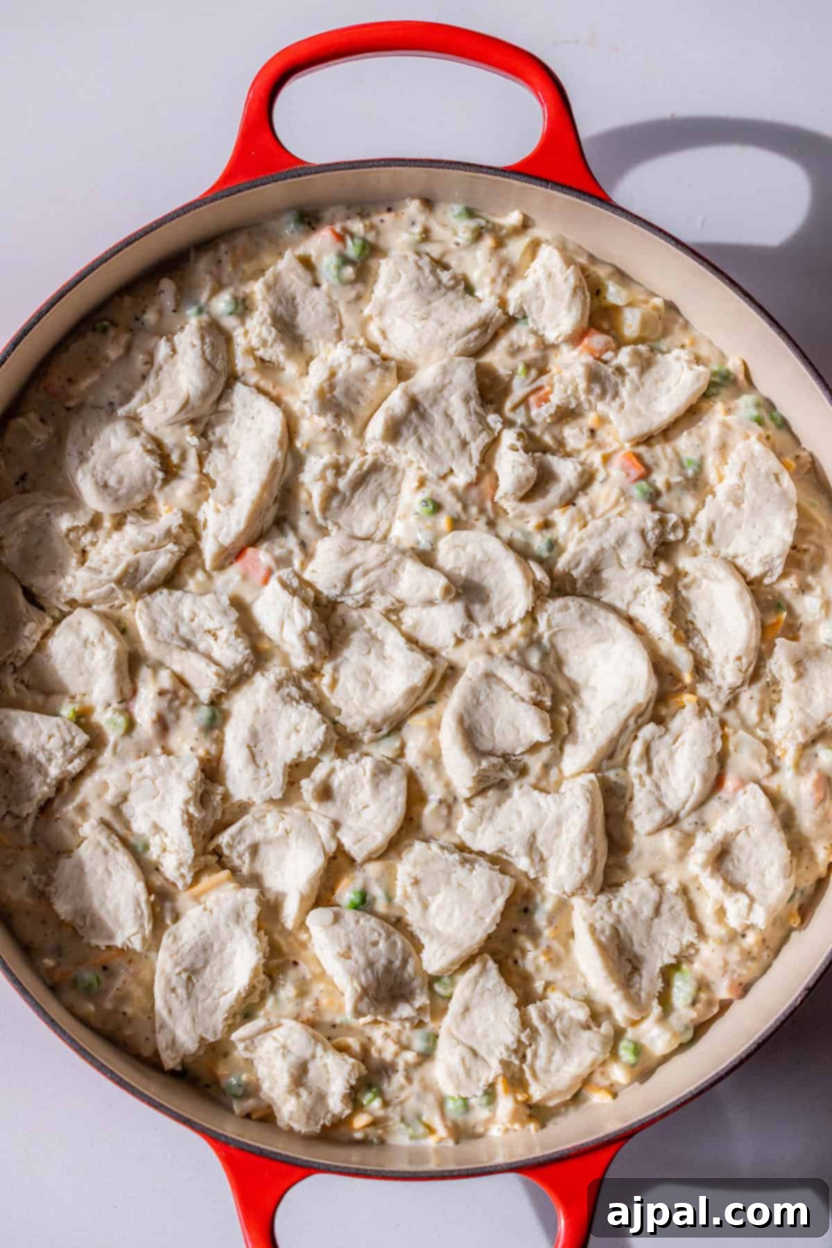 Creamy chicken and vegetables in a skillet topped with sliced biscuit dough.