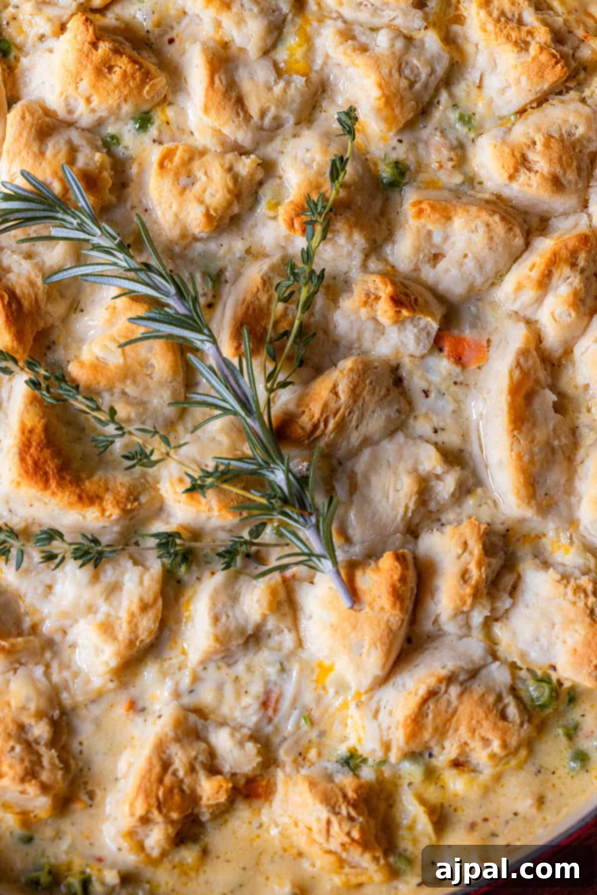 Baked turkey casserole topped with golden biscuit pieces and garnished with rosemary and thyme.