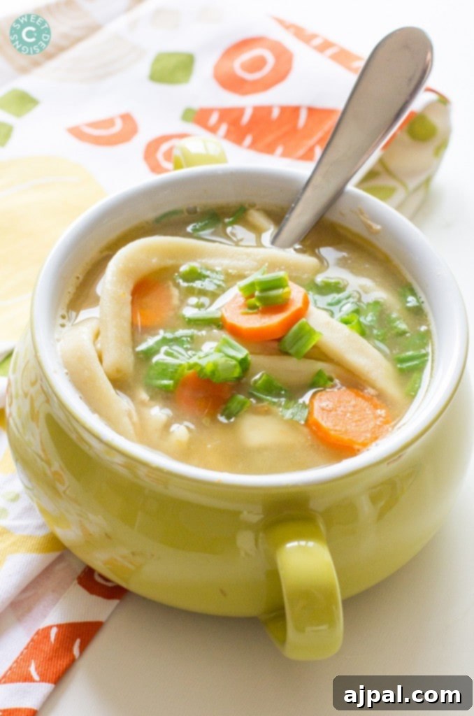 Quick & Easy Semi-Homemade Chicken Noodle Soup 3 A close-up of a warm bowl of semi-homemade chicken noodle soup, featuring thick egg noodles, finely chopped carrots, and hints of savory chicken broth, ideal for a comforting meal.