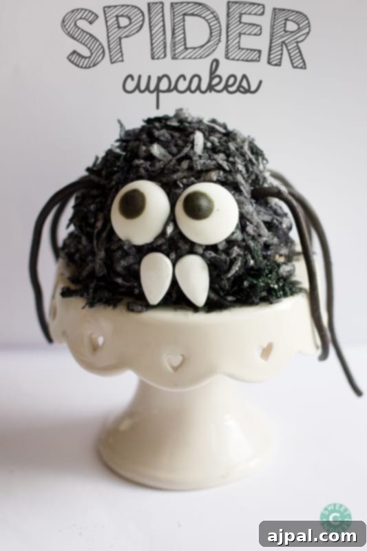 Monster Eye Halloween Cupcakes 6 Hairy spider cupcakes with multiple googly eyes, a fun and engaging Halloween baking activity for kids.
