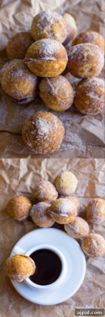 Baked Autumn Donut Gems 5 coffee and stack of donut holes covered in cinnamon and caster sugar