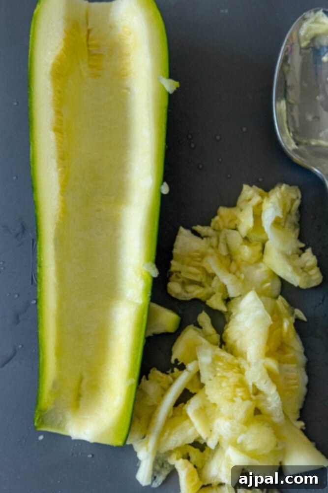 Baked Zucchini Treasures 6 Zucchini cut open and cored on a cutting board