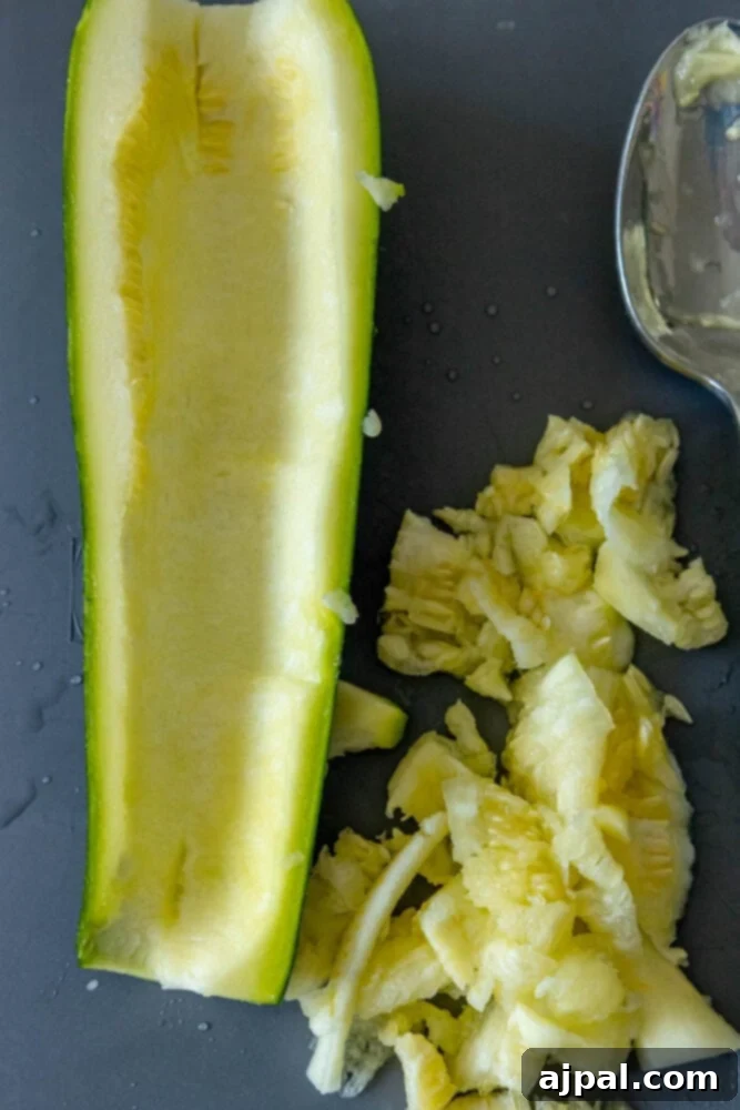 Loaded Zucchini Boats 6 A zucchini, halved and perfectly cored, resting on a cutting board, ready for its delicious taco filling.