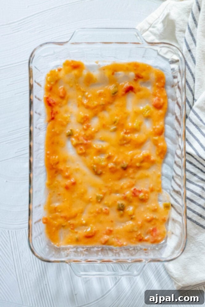 Baked Zucchini Treasures 7 Glass baking dish with enchilada sauce on the bottom of the pan