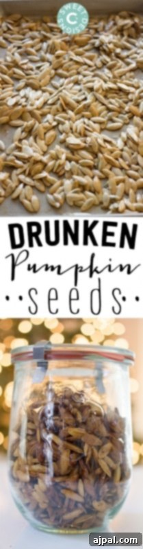 Close-up of whiskey-soaked pumpkin seeds in a glass jar, showcasing their rich color before roasting.