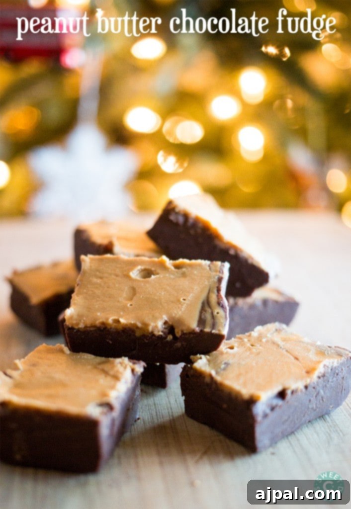 Chocolate Peanut Butter Fudge 3 peanut butter chocolate fudge cubes on a wooden cutting board