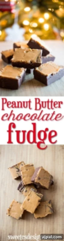 Close-up of a single cube of peanut butter chocolate fudge, showing the distinct layers and rich texture.