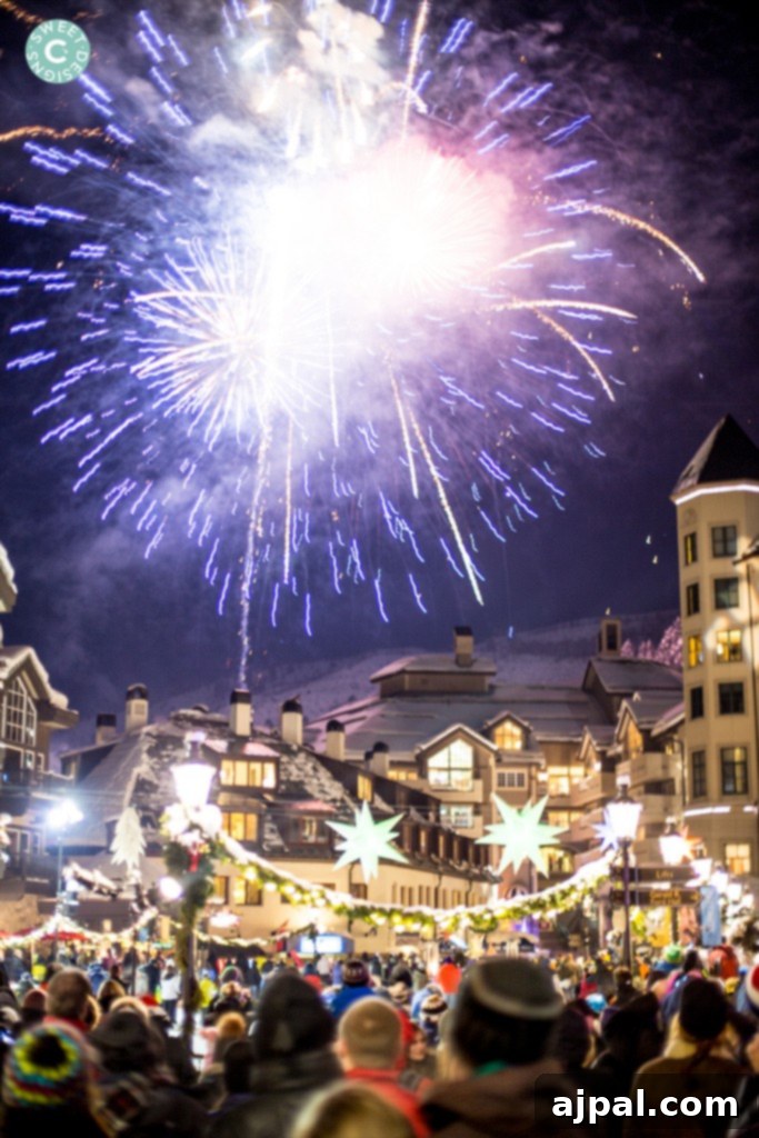 Avon Colorado Alpine Escape 3 Vibrant fireworks illuminating the night sky over Beaver Creek Resort, celebrating New Year's Eve in Avon, Colorado.