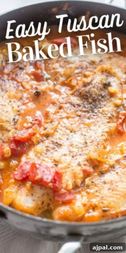 An easy one-pot Tuscan baked fish recipe, showcasing the rich tomato sauce and flaky fish.