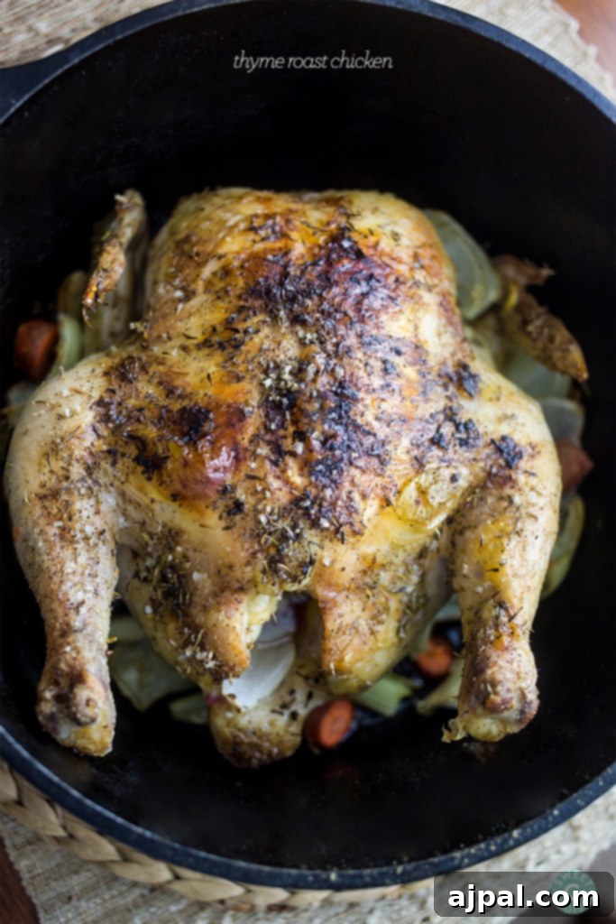 Perfect Thyme Roast Chicken 2 Delicious, easy dutch oven roasted thyme chicken - a perfectly cooked whole chicken with herbs in a cast iron pot.