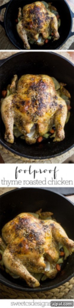 Perfect Thyme Roast Chicken 3 Foolproof thyme roasted chicken - a close-up of the golden-brown skin and fragrant herbs.