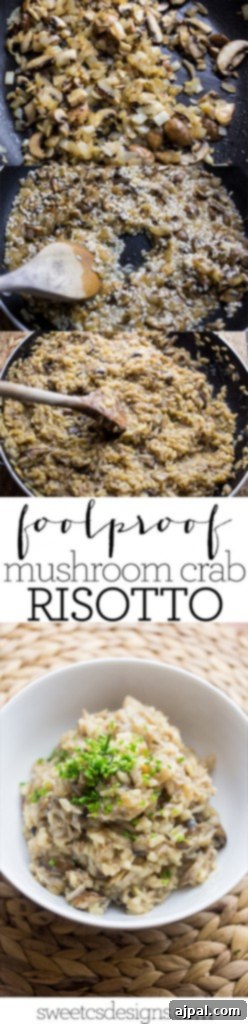 Creamy Mushroom and Crab Risotto 4 Detailed shot of mushrooms and Arborio rice being sautéed in a pot, with a finished creamy risotto with crab meat nearby, highlighting the cooking process.