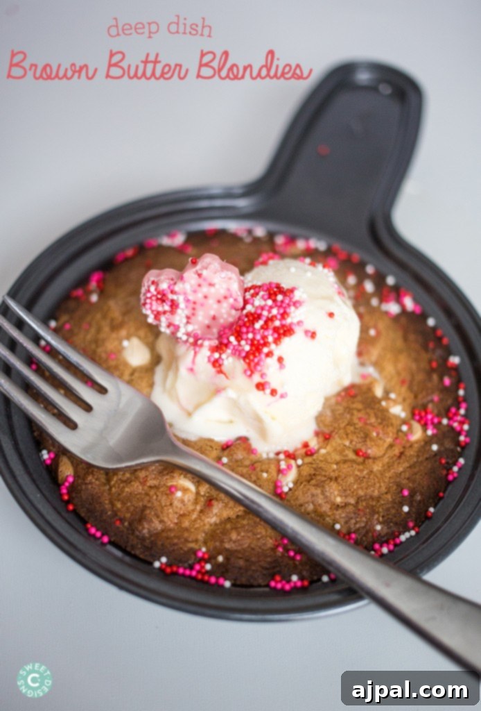 Decadent Deep Dish Brown Butter Blondies with a rich, inviting texture.