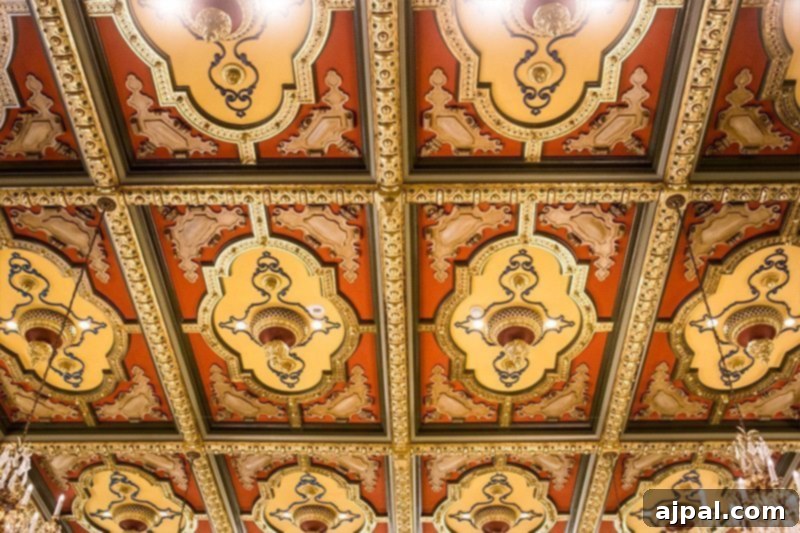 An ornate ceiling in the Joseph Smith Memorial Building at Temple Square