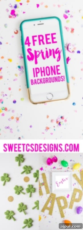 A collage of 4 free spring iPhone backgrounds, perfect for lock screens and home page wallpapers.