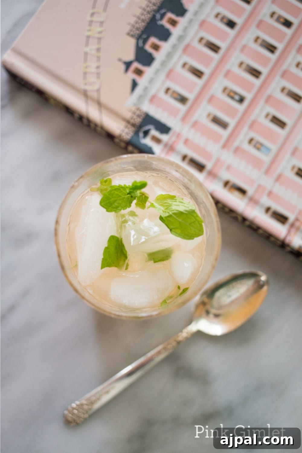 A refreshing Pink Gimlet Cocktail, garnished with fresh mint leaves and ice, sits invitingly with a pink book blurred in the background, signaling a moment of relaxation.