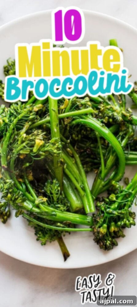 picture of pan fried broccolini on a white plate with text 
