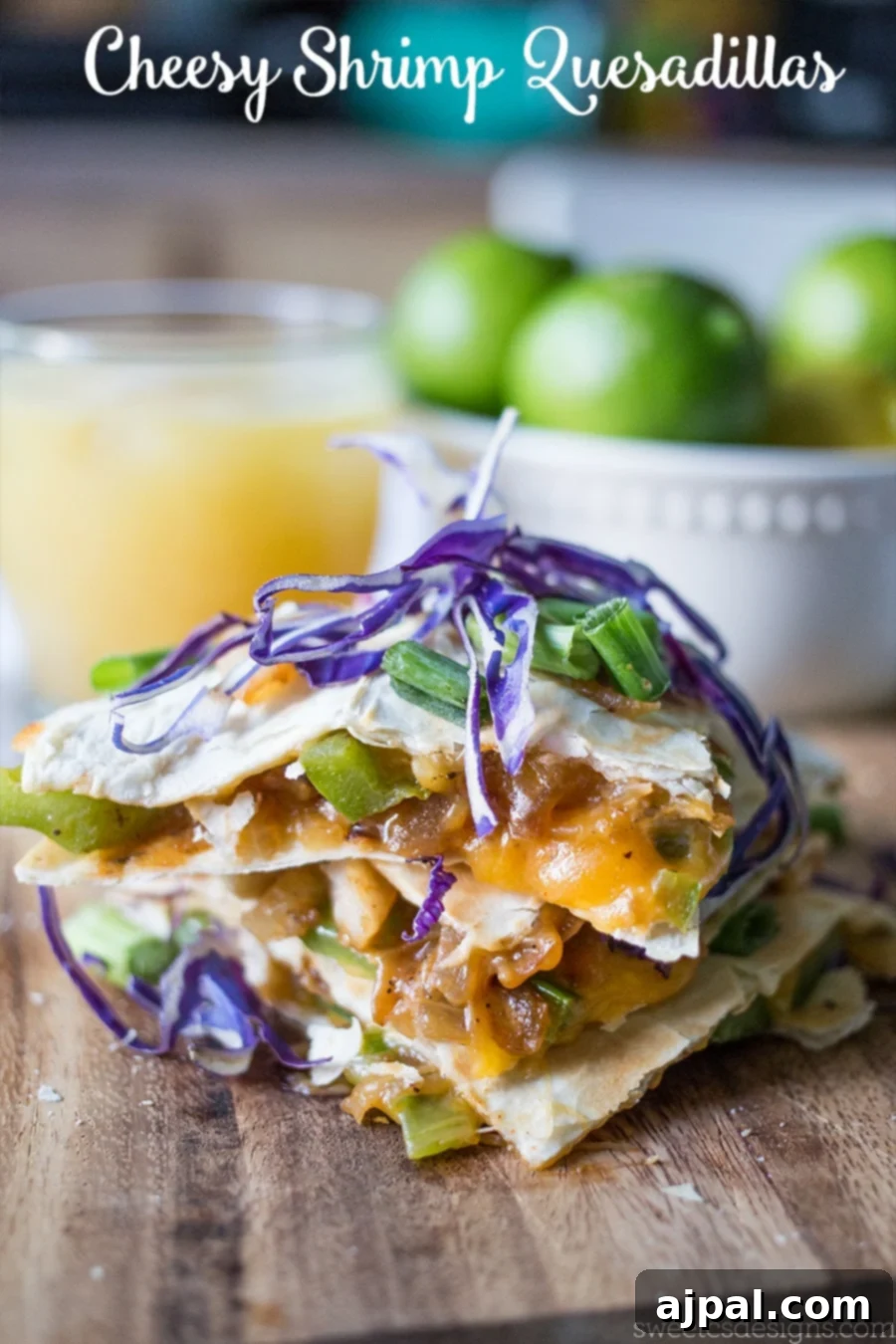 Sizzling Shrimp Fajita Quesadillas 2 Two golden-brown shrimp fajita quesadillas, filled with shrimp, colorful bell peppers, and melted cheese, served on a rustic wooden cutting board.
