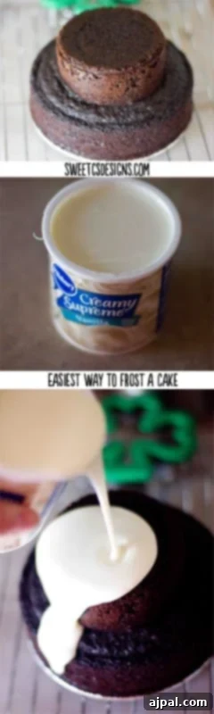 Canned frosting being poured over a cake to create a smooth, faux-fondant effect.