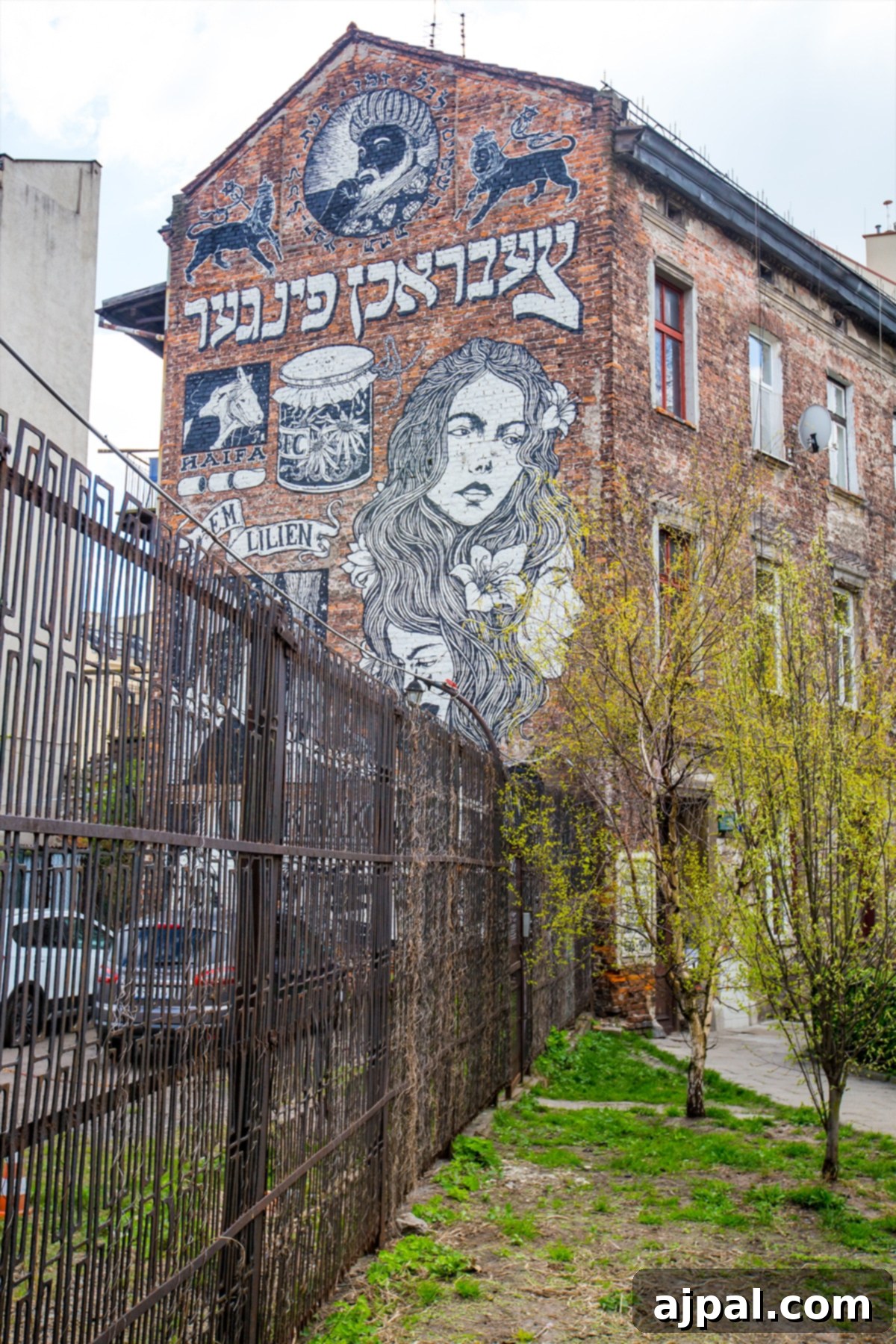 Vibrant street art adorning a brick building near a synagogue in Kazimierz, Krakow, blending history with contemporary expression.