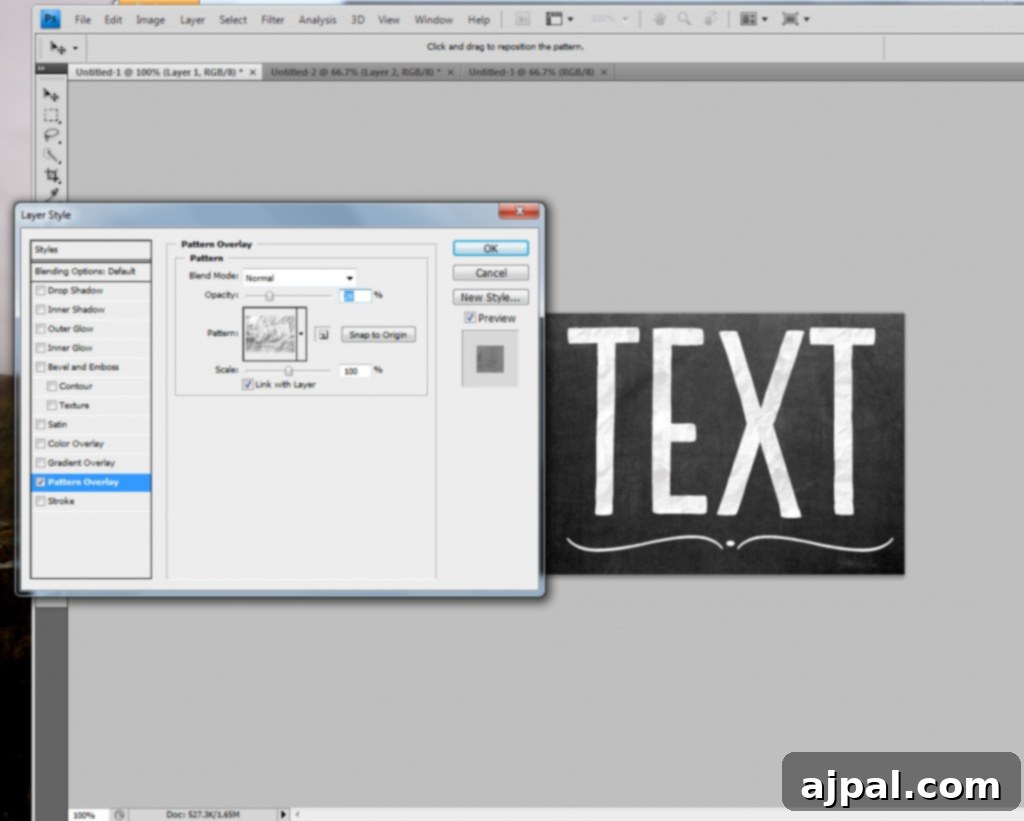 Step 2: Apply a Pattern Overlay for Chalk Texture in Photoshop