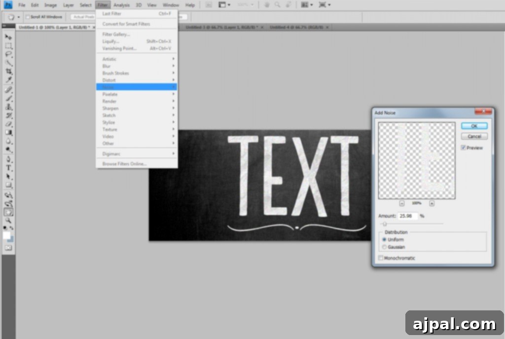 Step 3: Add Noise for a Grainy Chalk Effect in Photoshop