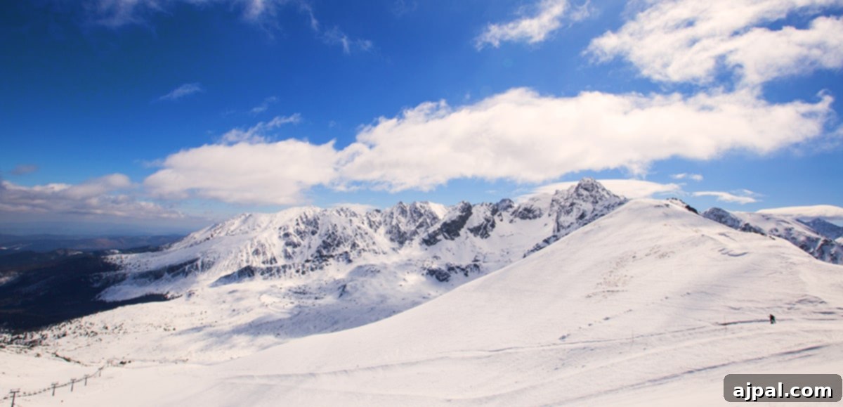 Zakopane Poland Mountain Resort 4 Snow-covered mountain peaks with a lone skier making tracks, capturing the pristine beauty of Zakopane's winter landscape.