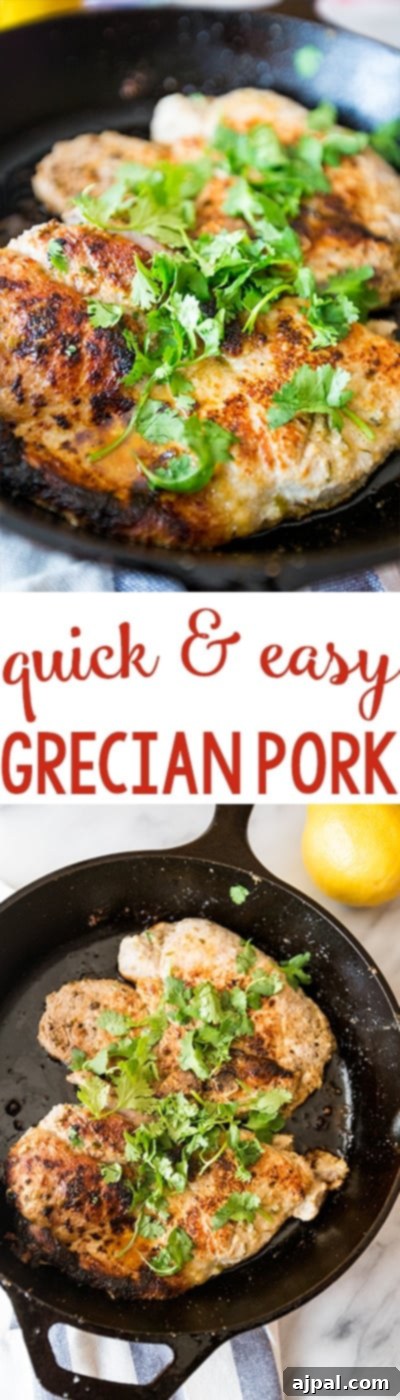 Lemon Garlic Greek Pork Chops 4 Quick and easy Grecian pork chops cooking in a skillet, a family favorite meal.