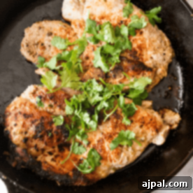 Lemon Garlic Greek Pork Chops 5 Grecian flavors come alive with grilled chicken breasts, delicately garnished with fresh cilantro in a black skillet.