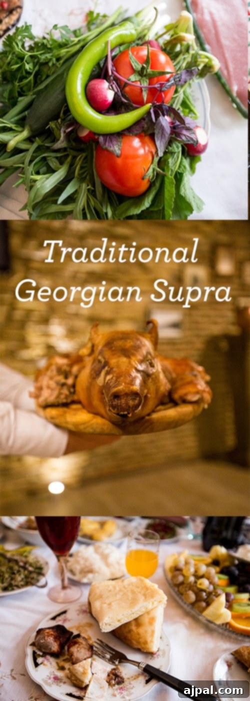 A table brimming with a variety of traditional Georgian Supra dishes